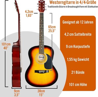 3rd Avenue 4/4 Вестерн-гітара: комплект для початківців з чохлом, медиатором та запасними струнами – 6 місяців БЕЗКОШТОВНИХ уроків (Sunburst)