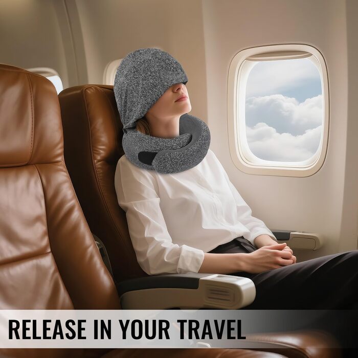 Подушка для шиї в літак з капюшоном, Memory Foam, для подорожей, офісу, авто. Зручно розкладається та зберігається.