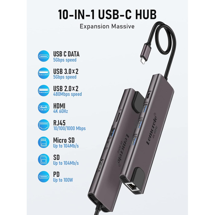 Lemorele USB-C Док-станція: 11-в-1 хаб з 2xHDMI 4K, 3xUSB 3.0/2.0, VGA, PD 100W, SD/TF, Ethernet (сумісна з Windows, MacBook, Dell, HP, Lenovo, Surface)