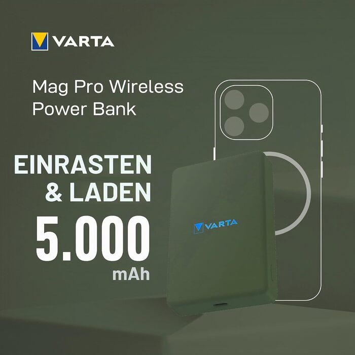 Повербанк VARTA Power Bank Energy 10000 mAh, 20W, USB-C та USB-A, Li-Polymer, з функцією Pass-Through, для 3 пристроїв, LED-індикація, зелений (Mag Pro 5000)