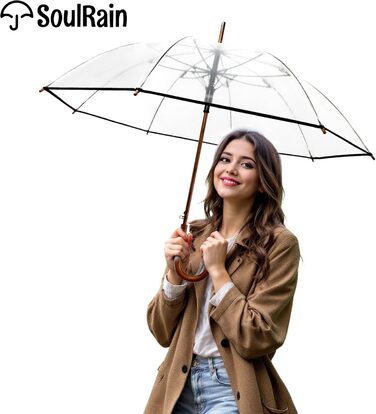SoulRain Парасолька з класичною дерев'яною ручкою, автоматичне відкриття, вітростійка, прозора, незламна, 121.9 см