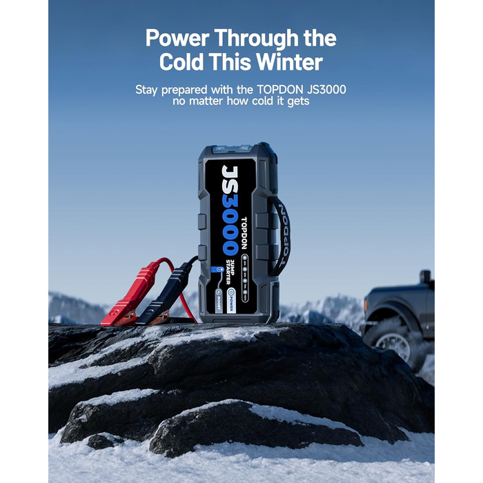 TOPDON JS3000 Powerbank для запуску двигуна: автостартер, бустер для акумулятора до 9л бензину/7л дизеля, 24000mAh, 3000A, LED, EVA-сумка