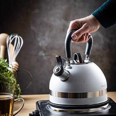 Чайник Kinghoff 1.8L з нержавіючої сталі з свистком, для індукційних плит, компактний, з нержавіючої сталі, матовий білий