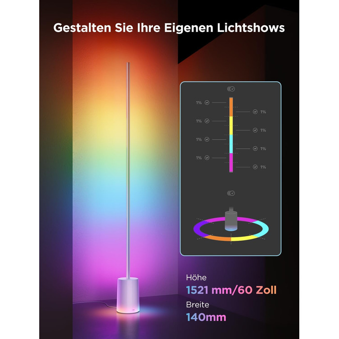 LED-лампа Govee RGBIC 152 см - диммування, 1725 люмен, керування Matter, музичний режим, для дому, спальні, ігрової кімнати (сірий)