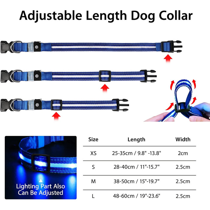 Світловідбиваючий нашийник для собак MASBRILL з LED-підсвічуванням, водонепроникний, 3 режими освітлення, синій