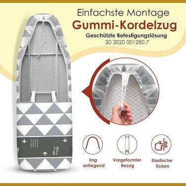 Покриття для прасувальної дошки arteneur® Made in Germany, 120x40 см, відбиває тепло, гумка, зона ковзання, OEKOTEX100, 4 розміри, для парогенератора та праски