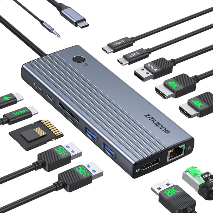 Док-станція USB-C для ноутбука: 2 монітори 4K HDMI, DP, Ethernet, 4 USB, 100W PD, SD/TF, Audio/Mic (15 в 1)