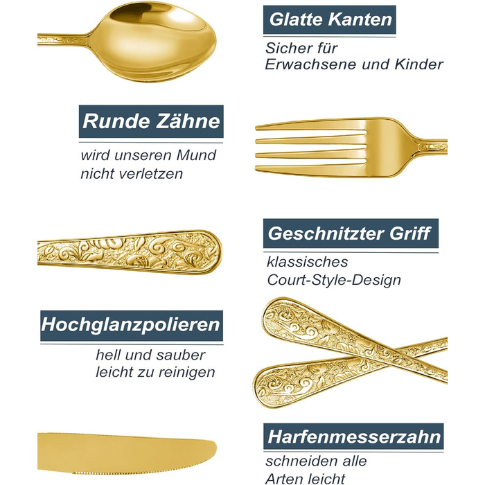 Набір столових приборів 24 предмети в золотистому вінтажному стилі для 6 осіб, нержавіюча сталь, з гравіюванням, високоякісне полірування