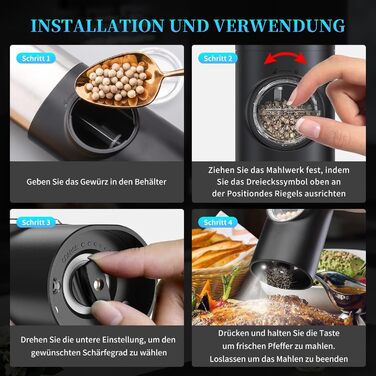 Electric Salt and Pepper Grinder Set, Rechargeable, USB Charging Station, Automatic Pepper and Salt Grinder Spice Grinder Refillable, One-Hand Operation, Adjustable Coarseness, LED Light