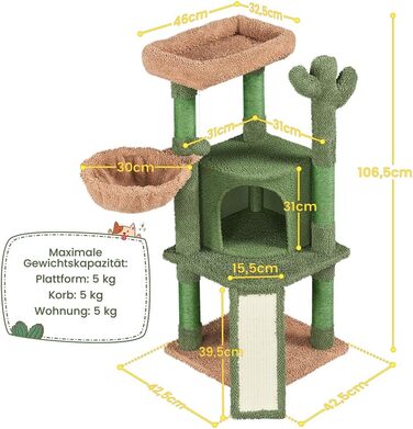 Yaheetech Cat Tree Cactus, Height 106.5 cm, Stable Cat Tree Climbing Tree with Viewing Platform, Cat Cave, Lounging Bed, Sisal Posts, Green/Brown