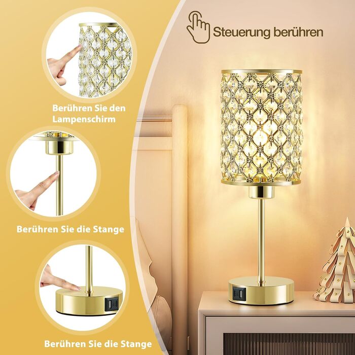 Кристалева лампа GyroVu Kristall для столу та приліжкові лампи з регулюванням яскравості, сенсорне керування, USB A+C порти, золотий колір, для вітальні та спальні (з лампочкою)
