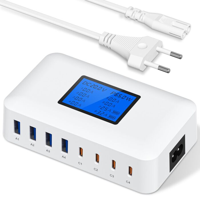 Зарядний пристрій USB-C 200W, 8 портів, LCD-дисплей, PD 65W для MacBook, iPad, iPhone 16/15/14/13 Pro/Max, Samsung S24/S23 - Чорний