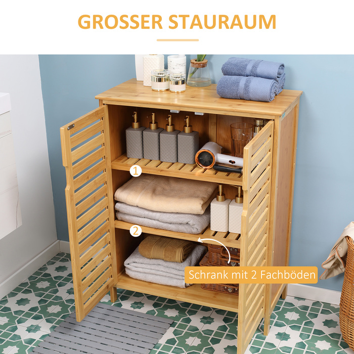 Kleankin Bathroom Cabinet, Vanity Storage Cabinet, Sideboard with 2 Slatted Doors, 2 Interior Shelves, Bamboo Storage Cabinet for Bathroom, Living Room 68 x 32 x 86 cm Natural | Aosom