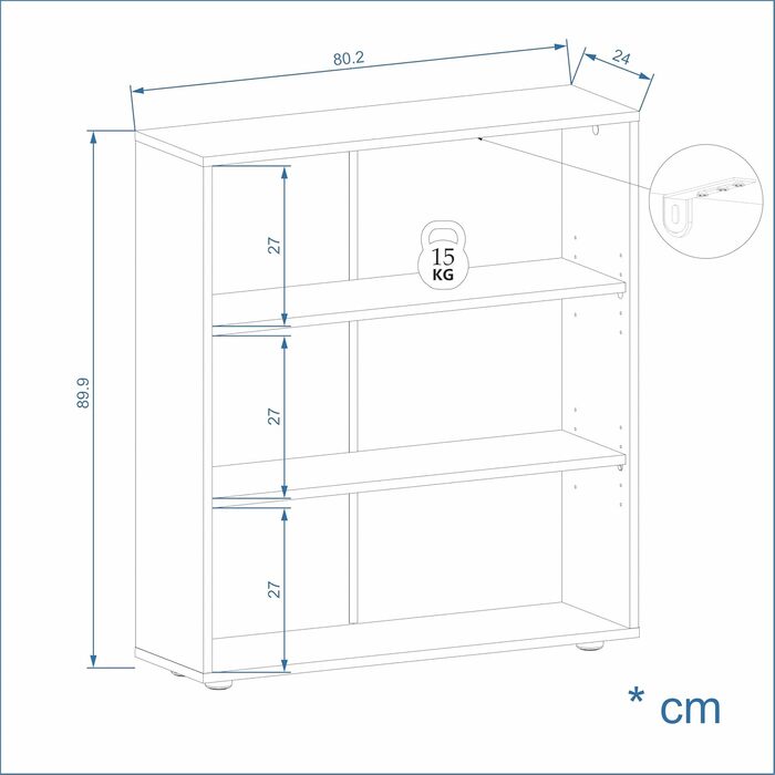 Білий книжковий стелаж KOMTO Regal 80 см, 3 рівні, з регульованими полицями, 80x90x24 см, універсальний для зберігання