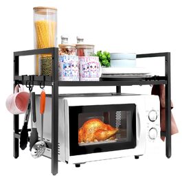 Регульована полиця для мікрохвильової печі, 2-ярусна, розширювана полиця для кухні з вуглецевої сталі з 8 гачками, підставка для кухонного приладдя, стійка для мікрохвильової печі та органайзер для кухні