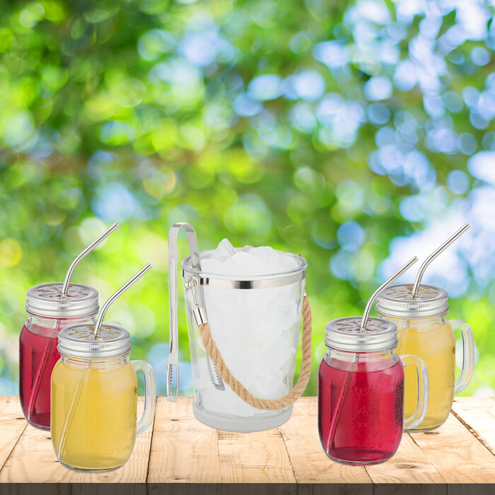 Relaxdays Set of 4 Drinking Glasses with Lids and Accessories