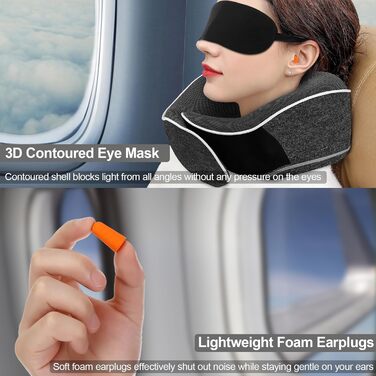 Подушка для шиї з піною Memory Foam, комплект з маскою для очей, навушниками та чохлом, ергономічна, для подорожей (темно-сіра)