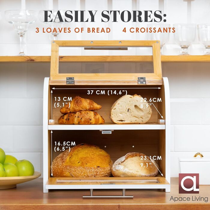 Бредониця Arise з вентиляцією, велика для зберігання хліба, 2 полиці та вікно, дерев'яна для хліба, булок, зберігання. 40 x 26 x 37, бамбук White, самостійна збірка