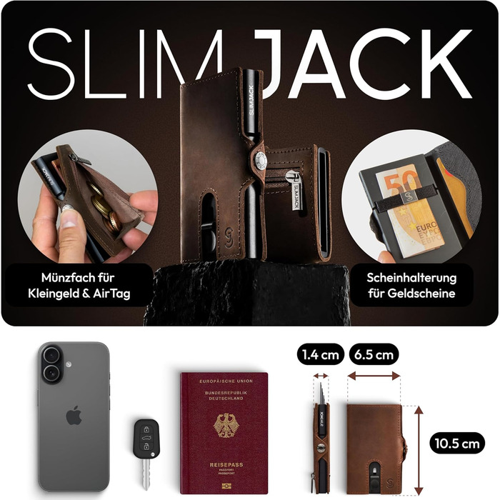 Slimjack Смарт-гаманець з відділенням для монет RFID захистом - чоловічий алюмінієвий картхолдер для карт та монет, темно-коричневий
