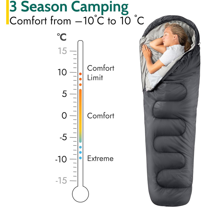 Спальний мішок Trail для дорослих – 3-сезонний, для кемпінгу, 300 GSM, з внутрішньою кишенею, легкий компресійний мішок (антрацитовий)