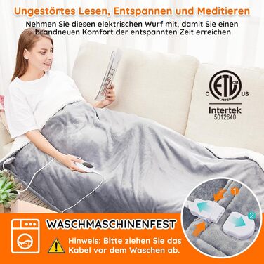 Електрична ковдра Mia&Coco з автовимкненням 180x130 см, 10 температурних режимів, таймер 9 годин, захист від перегріву, пральна машина, фланелева ковдра для ліжка, дивана та вітальні, сіра (130x160 см, сіра)