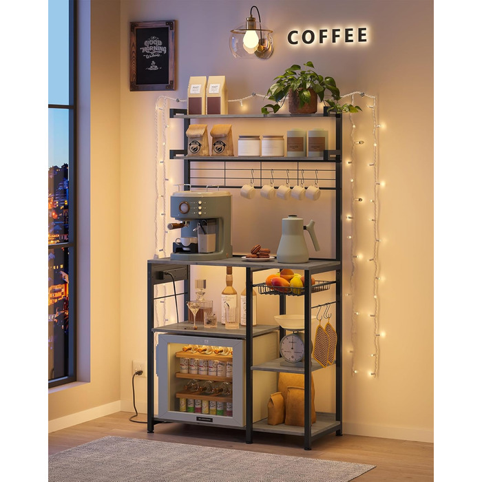 Полиця кухонна VASAGLE з розетками, стелаж для мікрохвильової печі, 8 гачків S-подібної форми, кухонний шафчик, органайзер для спецій, 40 x 90 x 165,5 см, коричневий вінтаж та чорний, KKS031K11