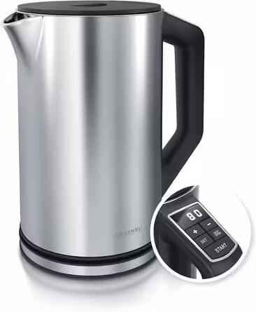 Arendo - Stainless Steel Kettle with Temperature Setting 40-100 Degrees in 5-Degree Increments - Double-Walled Design - Model ELEGANT - 1.5 Liter - 2200 W - Tea Kettle with Temperature Display - GS - Black (C: Silver)