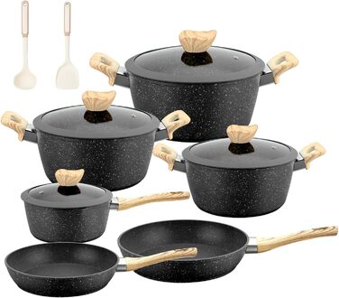 Набір каструль та сковорідок для індукційної плити: 12-ти частинний набір з гранітним антипригарним покриттям, без PFOA та PFOS, ідеальний для початківців та професійних кухарів (чорний)