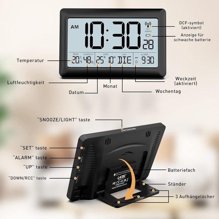 LATEC Wall Clock Digital, Digital Wall Clock with Temperature and Humidity Display, Radio Clock Digital with Backlight, Date, Day of the Week, Large, 20 x 13 x 1.2 cm (with batteries)