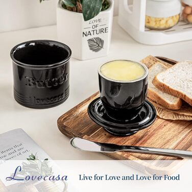 Porcelain Butter Top Dish for Countertop, LOVECASA Butter Holder with Water Line, French Butter Dish with Lid, Ceramic Butter Container, No More Hard Butter, Perfect Spreadable Consistency (black)