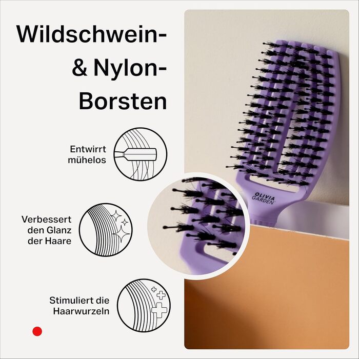 Щітка для волосся Olivia Garden Care Iconic з щетиною кабана та нейлону для блиску та гладкого укладання (лавандовий, середній)