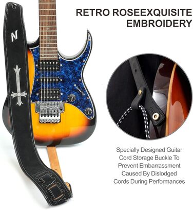 Гітарний ремінь Nefelibata з вишивкою 'n', 2.7', з двошарової баварської шкіри, з м'якою підкладкою, для акустичної, бас та електрогітари (хрест)