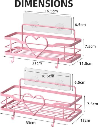 Двостороння поличка для душу без свердління, рожева, з 4 гачками, 11.5 см - органайзер для шампуню та мила