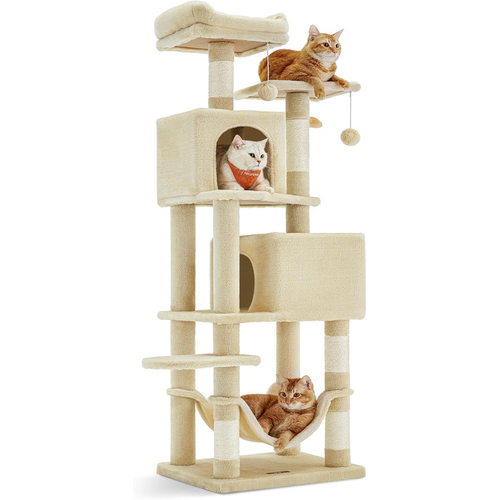 Драбина для котів Feandrea, 155 см, з 5 стовпчиками для шліфування, 2 платформами, 2 будиночками, гамаком, 2 іграшками-кульками, плюш, багатоярусна, бежева, PCT192M01