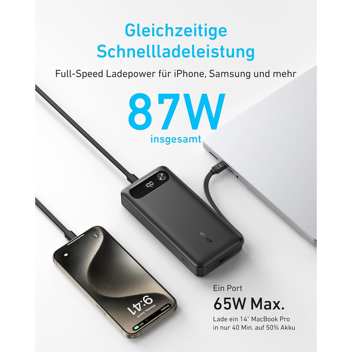 Powerbank Anker 20000mAh з USB-C кабелем, 87W, 1 USB-C + 1 USB-A, для MacBook, iPhone, Samsung, Switch та інших пристроїв