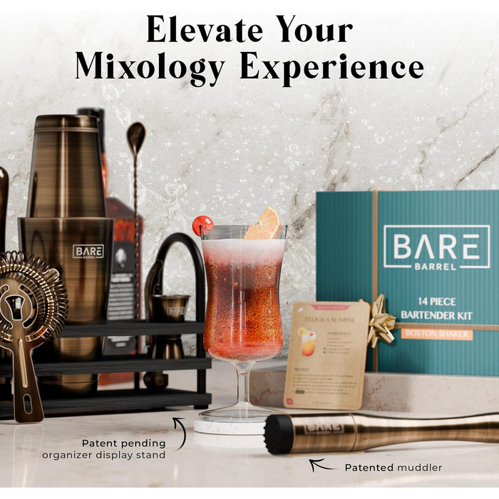 Bare Barrel® Cocktail Shaker Set - 14 Piece Mixology Bar Set with Boston Shaker, Martini Accessories, & Recipe Cards - Perfect Home Bartender Gift Set
