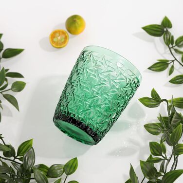 Joeyan 300ml Green Glass Set, 6-Piece, Vintage Colored Drinking Glasses with Embossed Design, Colorful Water Glasses Dishwasher Safe