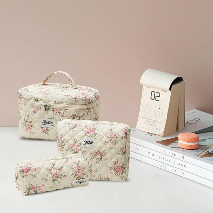 Косметичка для жінок, набір 3 шт. велика бавовняна косметичка для подорожей, органайзер для макіяжу, косметична сумочка з квітковим візерунком (рожева маленька квітка)