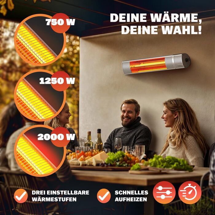 Інфрачервовий обігрівач MONZANA® MZH2000 Goldröhre 2000W з пультом керування, 3 режими, кут нахилу 90°, для тераси та вулиці