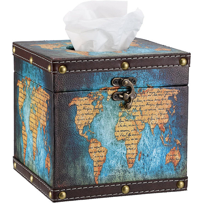 BTSKY Square Wooden + PU Tissue Box Holder, Retro Style, for Home, Office, Cube, Cover, Napkin Holder, Elegant and Stylish Home Decoration (Blue Card)