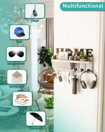 Дерев'яна ключниця HapiRm з декором HOME, 7 гачків, полиця для дрібниць, підходить для прихожої, спальні, офісу (біла)