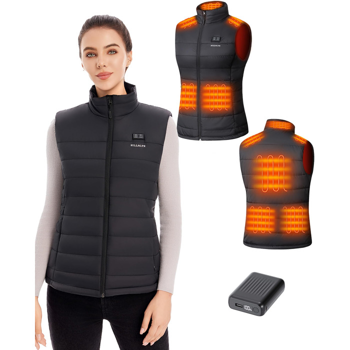 Тепла жилетка для жінок з акумулятором 18400mAh 7.4V – 8 зон нагріву, водовідштовхувальна, легка, пральна, для активного відпочинку, чорна