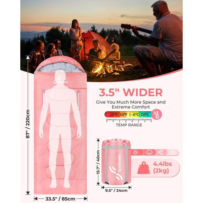 3-4 Season Sleeping Bag - Waterproof & Lightweight Sleeping Bag for Camping, Travel & Outdoor Activities - Adult Size (Pink)