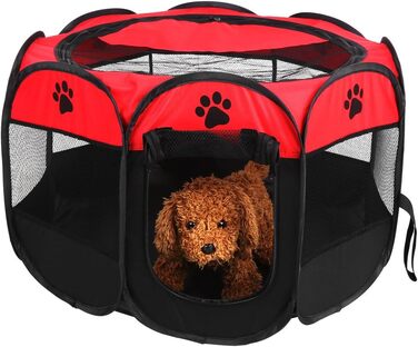 Клітка-манеж для домашніх тварин, автоматична, складна, знімний дах, для собак та котів, сітчаста тканина, захист від сонця, червона, 81 x 45 см