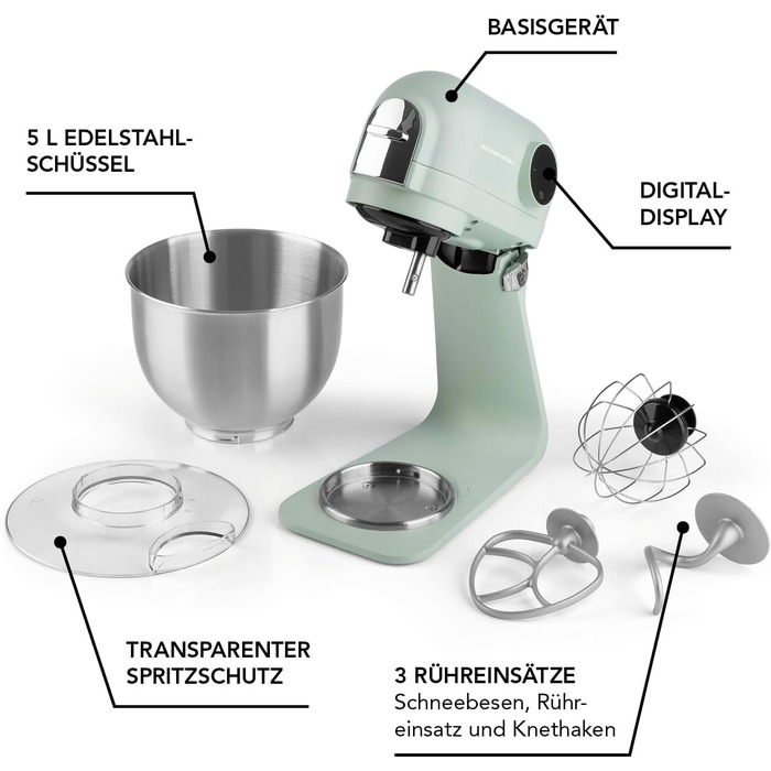 Gourmetmaxx Kitchen Machine & Mixer | Planetary Kitchen Assistant with Digital Display incl. Mixing Bowl and Attachments | Powerful Mixer with Whisk and More | Electric Stand Mixer Green