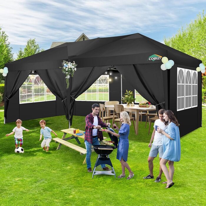 COBIZI Pavilion 3x3 Waterproof Folding Pavilion with 4 Side Panels, Outdoor Folding Pavilion, Stable UV Protection 50+, Pop-Up Garden Pavilion, Party Tent for Outdoors, Garden, Party, Wedding, Market (Black, 3x6m)