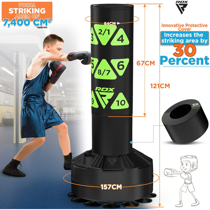 Боксерський мішок для дітей RDX Junior Standbox, рукавички для тренувань, MMA, кікбоксинг, бокс, боксерський партнер, білий (зелений, 1.2 м)