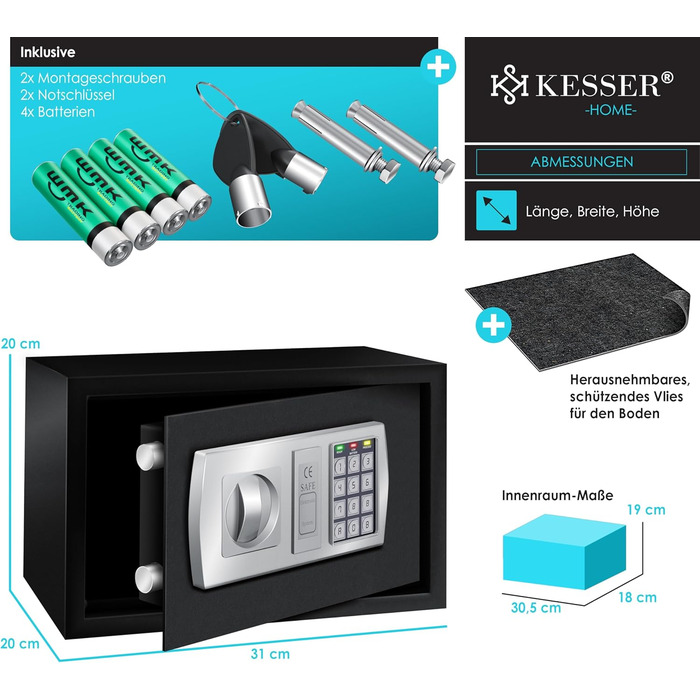 Електронний сейф KESSER® настінний, 31x20x20 см, з подвійним замком, внутрішнім освітленням, чорний (L)