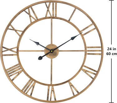 Large European Industrial Vintage Wall Clock with Roman Numerals, Silent No Ticking Sounds Metal Wall Clock, Decorative Wall Clock for Living Room, Kitchen, Bedroom - (Bronze, 60cm)