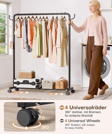 Міцний вішак для одягу на коліщатках Yorbay: металева стійка з полицею для багажу - компактна шафа для спальні, пральні, магазину (чорний, 117 см)